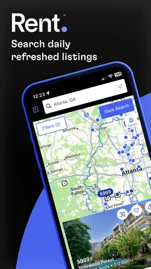 Map search of Atlanta, GA with Filters (2), a Save Search button, blue listing pins and a $999+ Sherwood Forest card