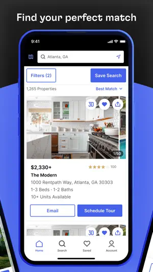 List of 1,265 Atlanta properties sorted by Best Match, led by The Modern at $2,330+ with Email and Schedule Tour buttons