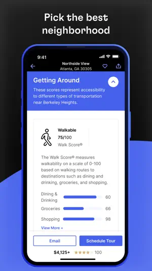 Getting Around panel showing a 75/100 Walk Score with bars for dining and drinking, groceries and shopping