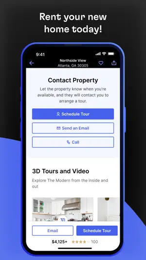 Contact Property panel with Schedule Tour, Send an Email and Call buttons above a 3D Tours and Video strip