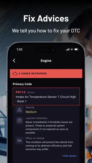 Engine report with 5 codes retrieved, primary code P0113 Intake Air Temperature Sensor 1 Circuit High, severity Medium and a layman's definition