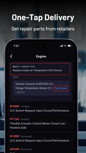 Most Likely Fix screen recommending an intake air temperature sensor, with a Chrysler 5149279AC part at about $30.52 and a Part Details button