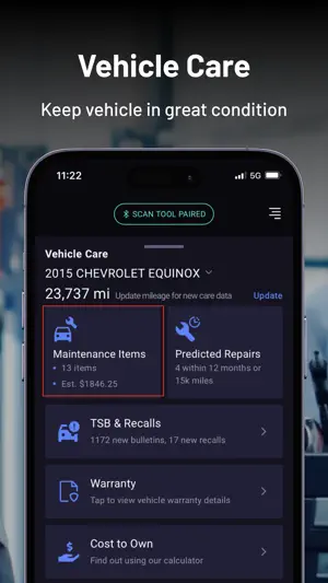 Vehicle Care dashboard for a 2015 Chevrolet Equinox at 23,737 miles with 13 maintenance items, Predicted Repairs and TSB and recall counts