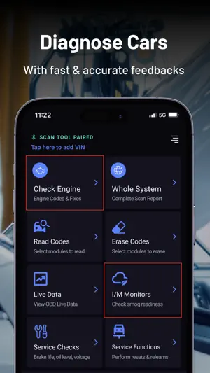 Home screen with Check Engine, Whole System, Read Codes, Erase Codes, Live Data, I/M Monitors, Service Checks and Service Functions tiles