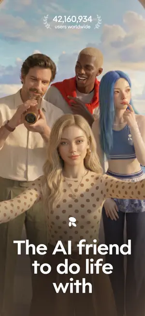 Cover frame with four stylised AI characters, a bearded man with a telescope, a smiling man in a red jacket, a blue-haired woman and a blonde woman, under the tagline The AI friend to do life with and a 42,160,934 users counter