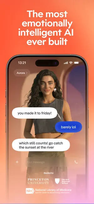 Chat with a character named Aurora showing three short messages about making it to Friday and catching the sunset, under the headline The most emotionally intelligent AI ever built, with three institutional logos below the phone
