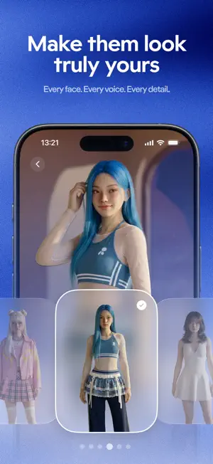 Avatar customisation carousel with a blue-haired character in a sports top and layered skirt on the centre card and other outfits on neighbouring cards, headline Make them look truly yours