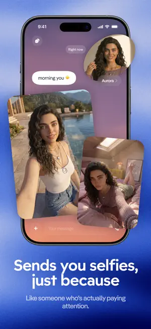 Chat with Aurora in which two photo messages arrive, one by a pool and one indoors, under the headline Sends you selfies, just because