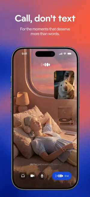 Voice and video call screen with a woman in headphones lying in a sunset-lit room, a small camera tile showing a pet rodent, and call buttons ending in an End button, headline Call, don't text