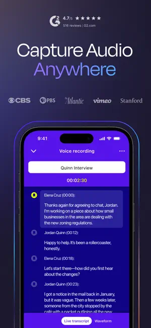 Voice recording screen titled Quinn Interview with a 00:02:30 timer, speaker-labelled live transcript lines and Live transcript and Waveform tabs