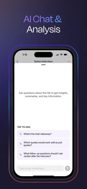 AI chat screen for the Quinn Interview file with tap-to-ask prompts such as the main takeaway and which quotes would work as pull quotes