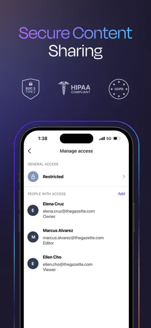 Manage access screen with Restricted general access and three people listed as Owner, Editor and Viewer, beneath SOC 2 Type 2, HIPAA and GDPR badges