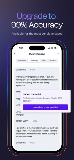 Transcript view with a Human transcript pop-up offering an upgrade to human-verified transcription at 99% accuracy