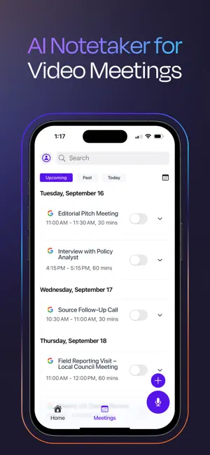 Meetings tab listing upcoming calendar meetings with an on-off toggle for each and a round record button at the bottom right