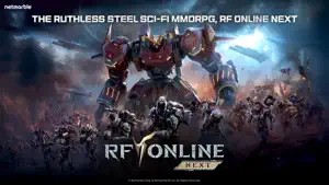Key art of a red-armoured MAU mech with soldiers below — The Ruthless Steel Sci-Fi MMORPG