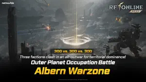 Albern Warzone banner: 300 vs. 300 vs. 300, three factions clashing under a dark sky