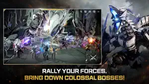 A raid party facing a horned colossal boss in a cavern — Bring Down Colossal Bosses