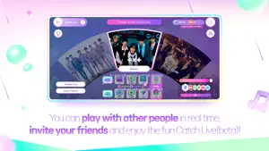 Catch Live room select screen with TOMORROW X TOGETHER in the center slot, Private Live and Event Theme buttons, and Royal Pass and Free Pass reward tracks