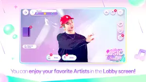 Lobby screen with a BTS member in a red cap above the Shop and Draw buttons, a Beginner Quest tab and the Music Arcade logo