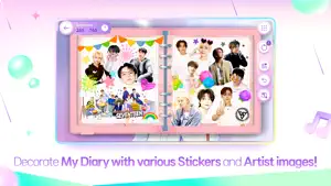 Diary spread decorated with SEVENTEEN photo stickers, a rainbow and fireworks, with a sticker cost counter reading 265 / 745