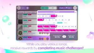 Studio song list with a Sugar Rush Ride challenge pop-up listing Easy, Normal, Hard and Super Hard clears, score and combo targets