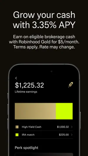 Cash screen showing $1,225.32 of lifetime earnings at 3.35% APY