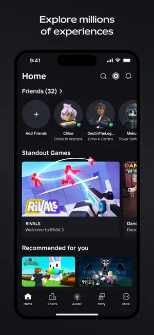 Home feed with a row of 32 friends above Standout Games, RIVALS first