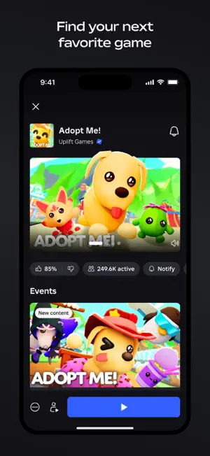 Adopt Me! experience page showing 85% likes and 249.6K players active