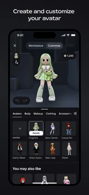 Avatar editor with a 1,240 Robux balance and preset outfits such as Frogcore
