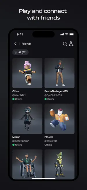 Friends list of 32 accounts, each avatar tagged online or offline