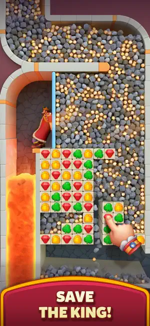 Match-three board below a king trapped behind falling stones and lava