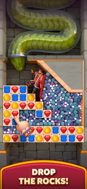 Board clearing rocks while a green snake looms over the chamber