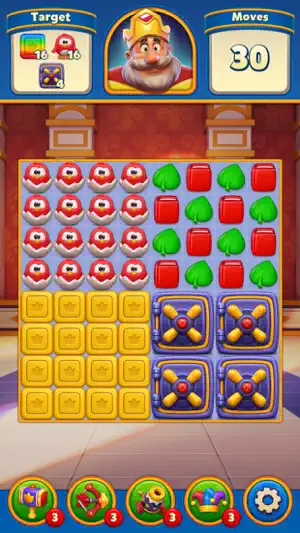 Match-three board with crowns, shields and a thirty move limit