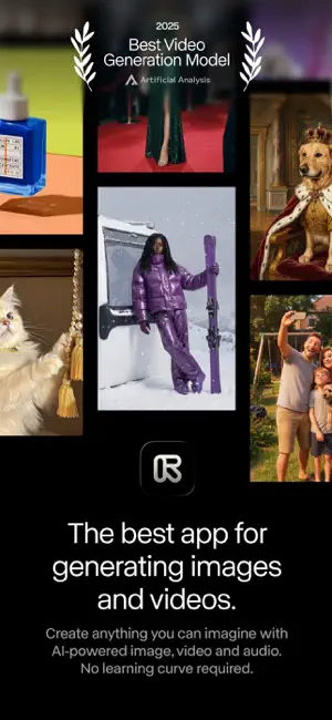 Collage of AI-generated portraits and pets under a 2025 Best Video Generation Model laurel, with the app icon and tagline below