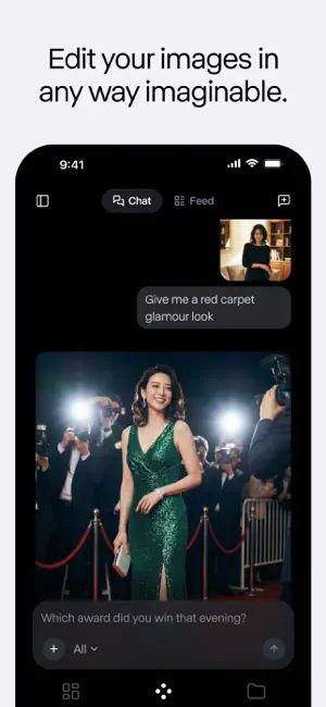 Chat tab with a red-carpet glamour prompt, a source portrait and the generated sequined-gown photo