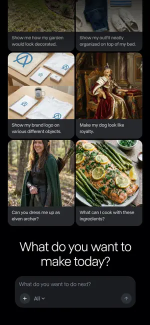 Grid of starter prompts such as a brand logo on objects and a dog styled as royalty, above the message box