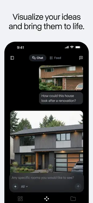 Chat edit of a house photo asking how it could look after a renovation, with the redesigned house below