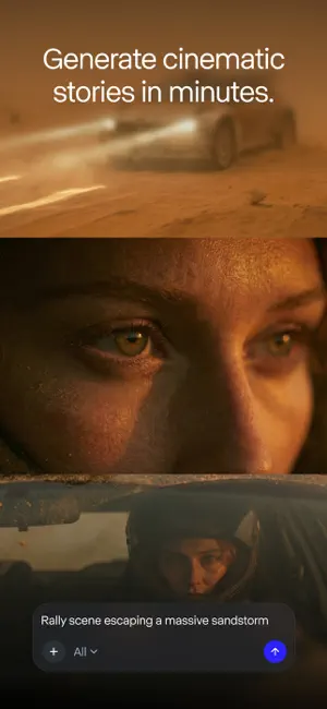 Cinematic rally frames generated from a sandstorm prompt: a speeding car, a close-up of eyes and a helmeted driver