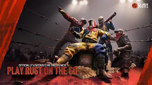 Three raiders in hazmat masks and scrap armour behind barbed wire — Play Rust on the Go