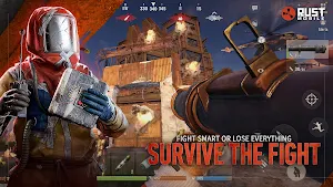 A rocket launcher aimed at a burning wooden compound tower — Survive the Fight