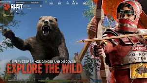 A player drawing a bow on a roaring bear in the forest — Explore the Wild