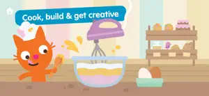 Jinja the orange cat beside a stand mixer in a bakery, captioned Cook, build & get creative