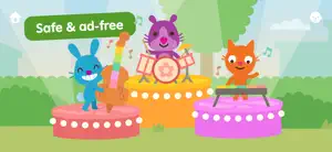 Blue rabbit on double bass, purple character on drums and orange cat on keyboard on stage, captioned Safe & ad-free