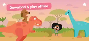 Brown dog riding a red T. rex next to a child and a blue long-necked dinosaur, captioned Download & play offline