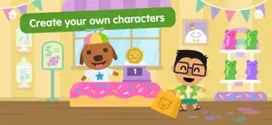 Dog in a propeller cap at a donut-shaped candy counter and a custom boy character with a shopping bag, captioned Create your own characters