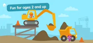 Orange excavator loading dirt into a yellow dump truck at a building site, captioned Fun for ages 2 and up