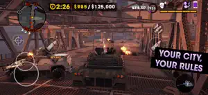 A tank rolling across a Steelport bridge with the mobile HUD, captioned your city, your rules