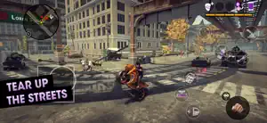 A motorbike chase past a city-hall building under a highway, captioned tear up the streets