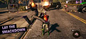 The player punting a rival into the air on a downtown street, captioned lay the smackdown