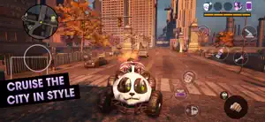 Driving the panda-headed Genkimobile down a skyscraper avenue, captioned cruise the city in style